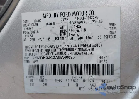 2010 Ford Edge Sel z USA, uszkodzony, nr VIN 2FMDK3JC3ABA40896